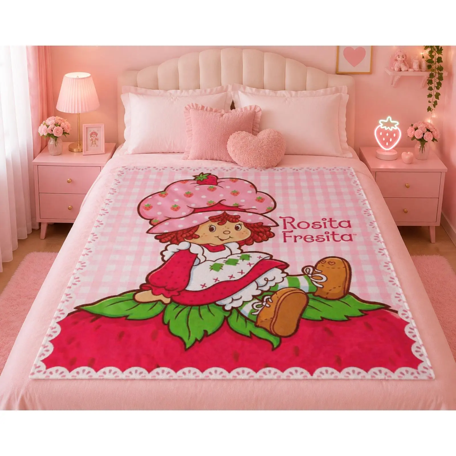 Strawberry Girl Cartoon Flannel Throw Blanket, Pink Gingham Lace Trim Cute Strawberry Character Print Soft Warm All Season Blanket for Girls Bedroom Sofa Dorm, Sweet Kawaii Kid Gift for Birthday Easter Valentine’s Day Christmas Baby Shower, Blanket Gifts,