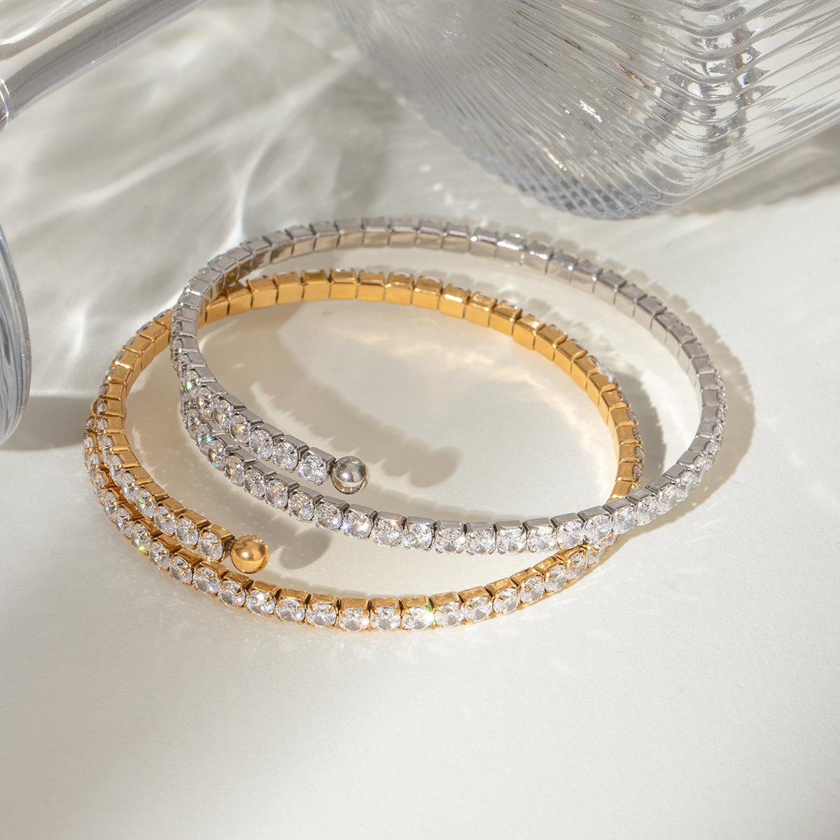 Stainless Steel White CZ Paved Bangle, Luxury Minimalist & Versatile Titanium Steel  Jewelry Bracelets Matching Heart Charm