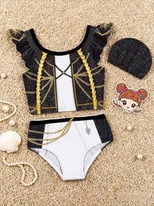 K-Pop Demon Girl Swimwear 3-Piece Set for Girls, Spring Summer Festival Must-Have, Includes Swim Cap, Swimsuit, and Swim Shorts