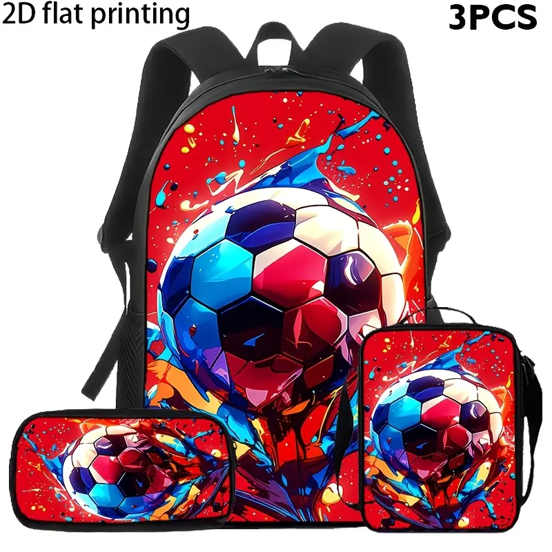 Colorful Soccer Ball 3-Piece Backpack Set, Football School Bookbag with Matching Lunch Bag and Pencil Case, Red Paint Splash Sports Backpack for Kids Teens, School Travel Practice Daypack Gift