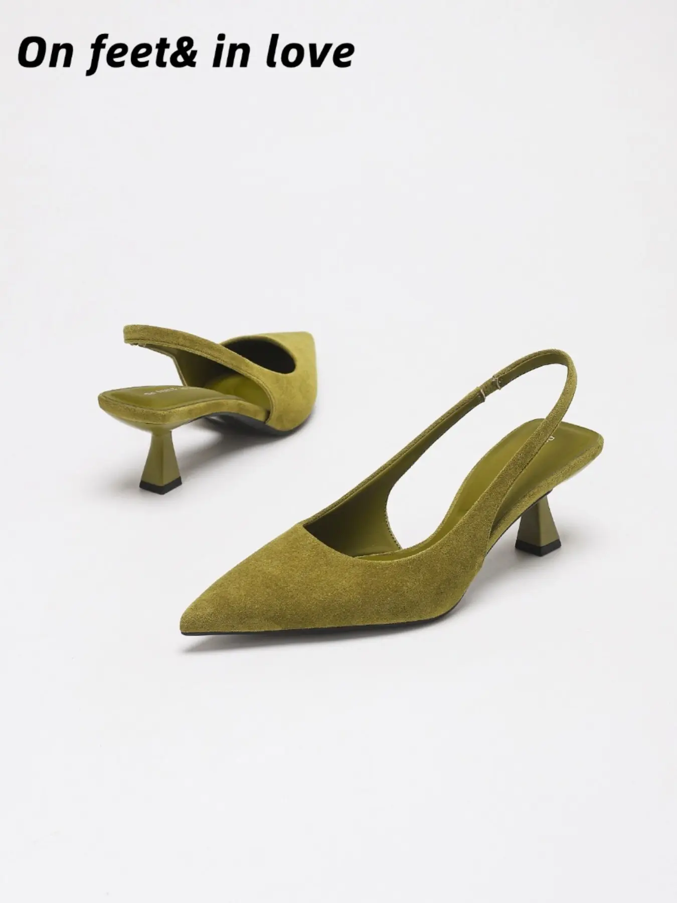 Women's All Sizes Olive Green Matte Faux Suede Pointed Toe Slingback Flared Kitten Heel Pumps, Adjustable Strap Non Slip Cushioned Stable Dress Shoes for Office Work Date Night Casual Brunch Summer Business Outfits soft sole high heel footwear