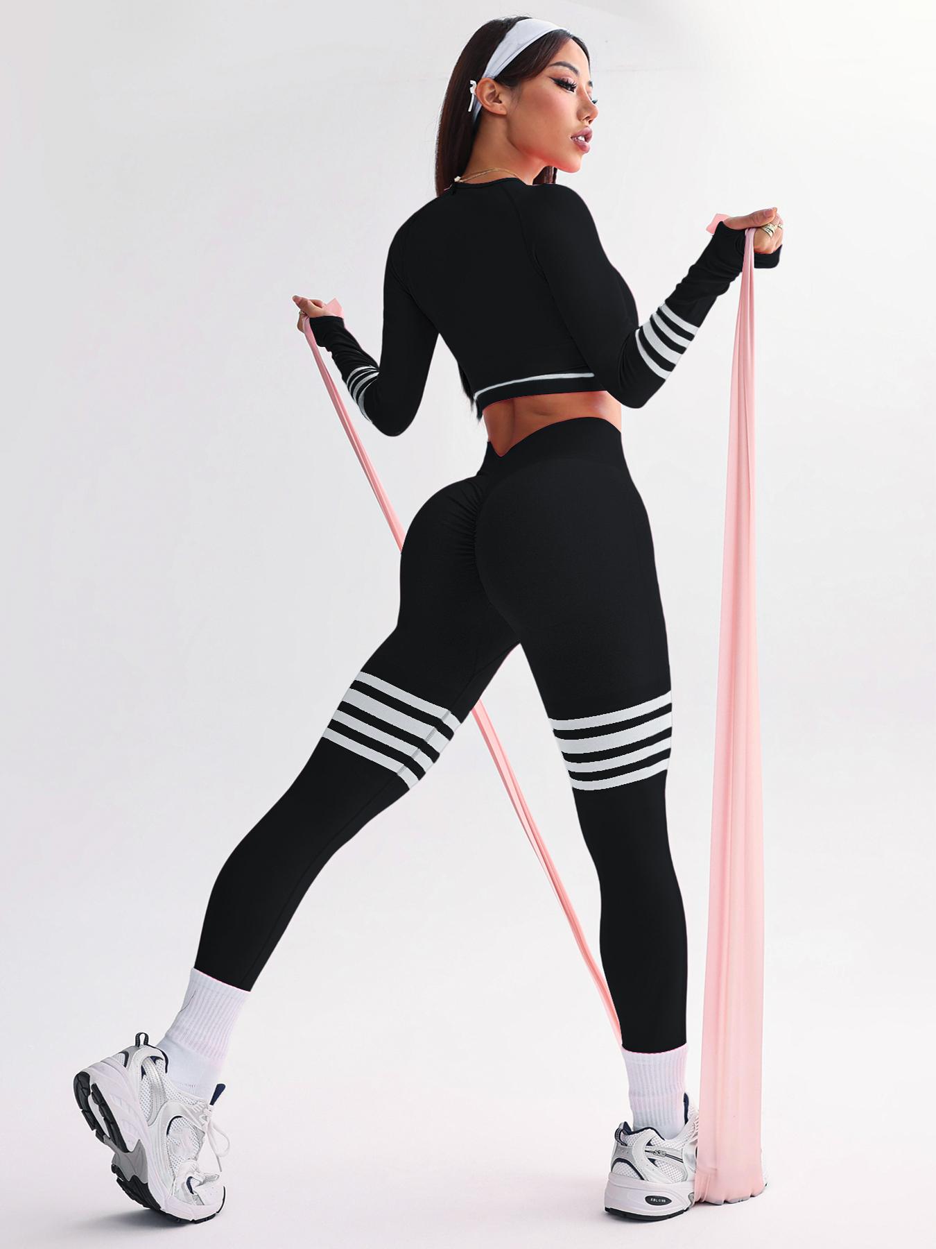 Women's Striped Print Sports Bra & Leggings & Crop Top Tracksuit Set, Sporty Breathable Comfy Outfits for Yoga Gym Workout Running, Ladies Sportswear for All Seasons, Athletic Activewear Tracksuits, Workout Running Clothes