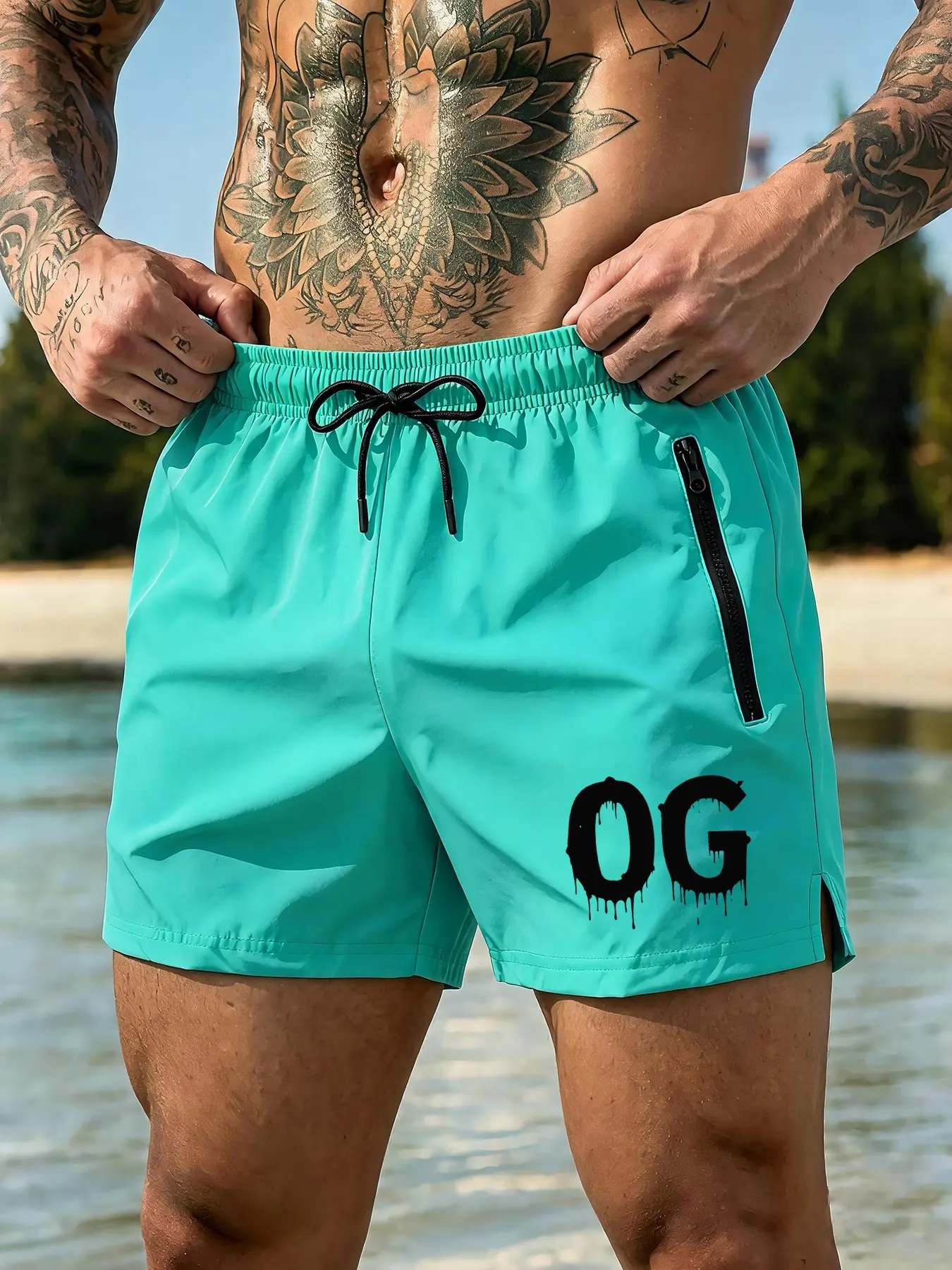 Ogz Letter Print Men's Beach Shorts, Summer Casual Sporty Beach Pants, Fitted Above the Knee, Plain Surface, Lightweight Design