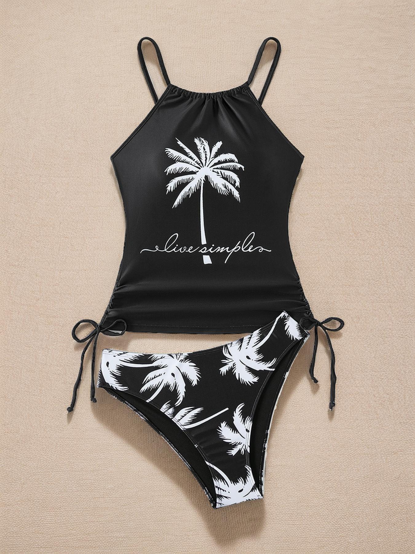 Two-Piece Set Summer Women's Coconut Tree & Letter Print Tankini Swimsuits, Summer Tummy Control Swimwear 2024, Casual Drawstring Ruched Tie Side Swim Top & Drop Waist Swim Panty, Swimsuit for Women, Bathing Suits Women, Leaf Print Tankini