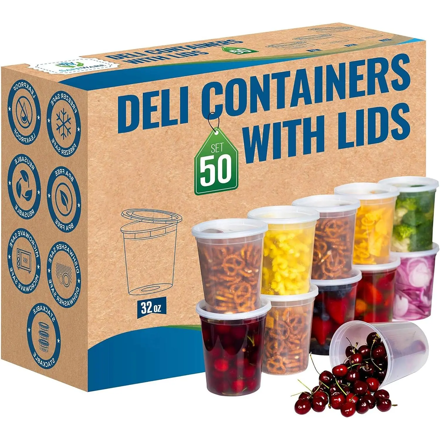 Deli Plastic  Containers with Airtight  [50 Sets], Leakproof  Small Combo Pack [, Storage, Disposable, Meal Prep, Soup, Microwaveable & Freezer Safe] (32oz)