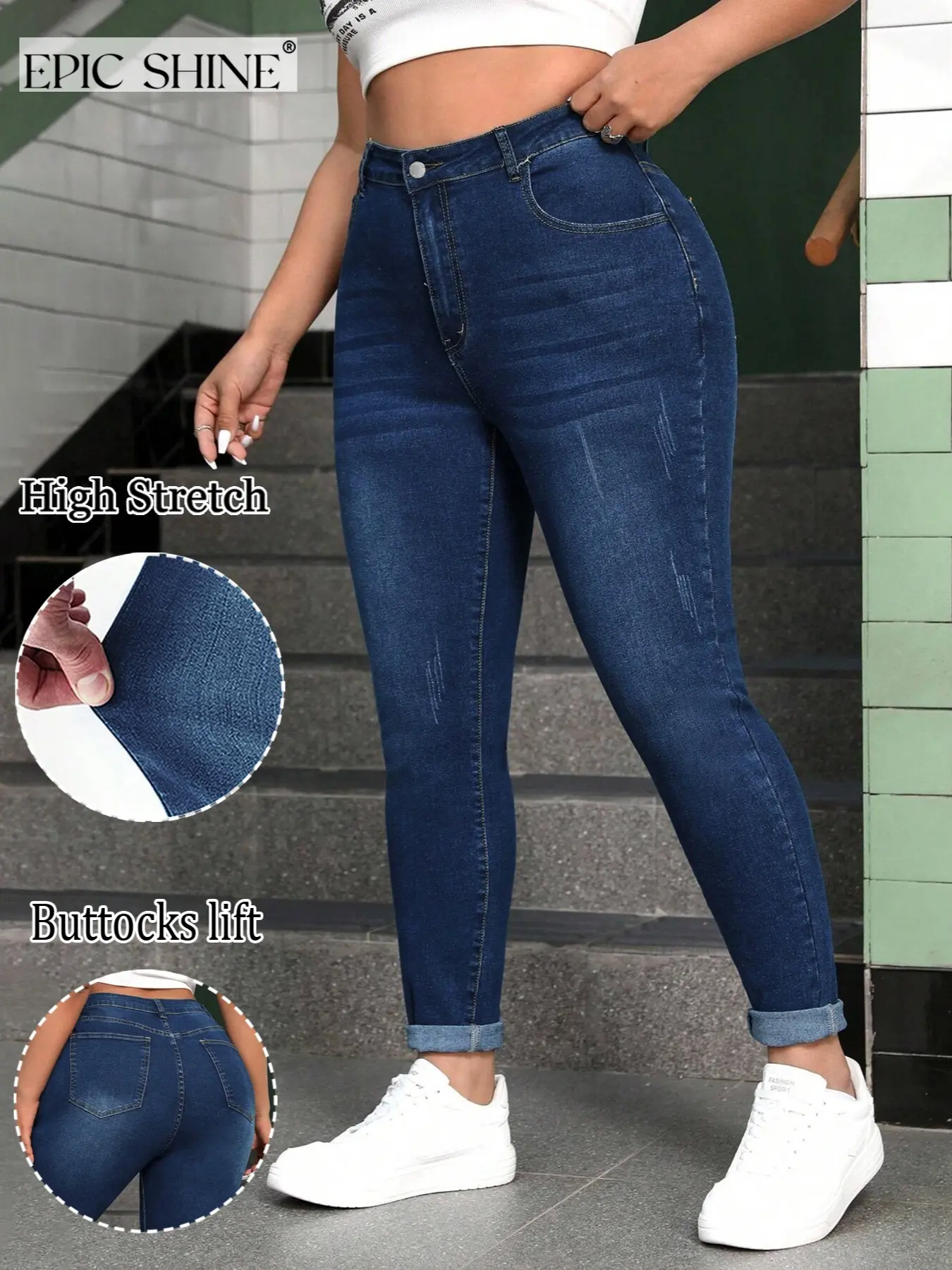 Women's Plus Size Jeans, Denim High Waist Fit Elastic Rolled Hem Ankle Jeans, Classic Western Style, Butt Lifting, Casual Weekend