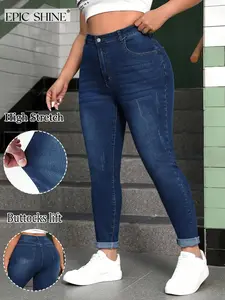 Women's Plus Size Jeans, Elastic Rolled Hem Ankle Jeans, Classic Western Style, Butt Lifting, Casual Weekend