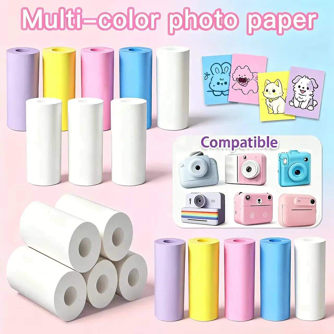 White and colored thermal photo paper; 18 rolls of thermal photo refill paper; thermal photo paper rolls for photo printers; printer refill paper; compatible with mini printers and most photo-printing cameras.