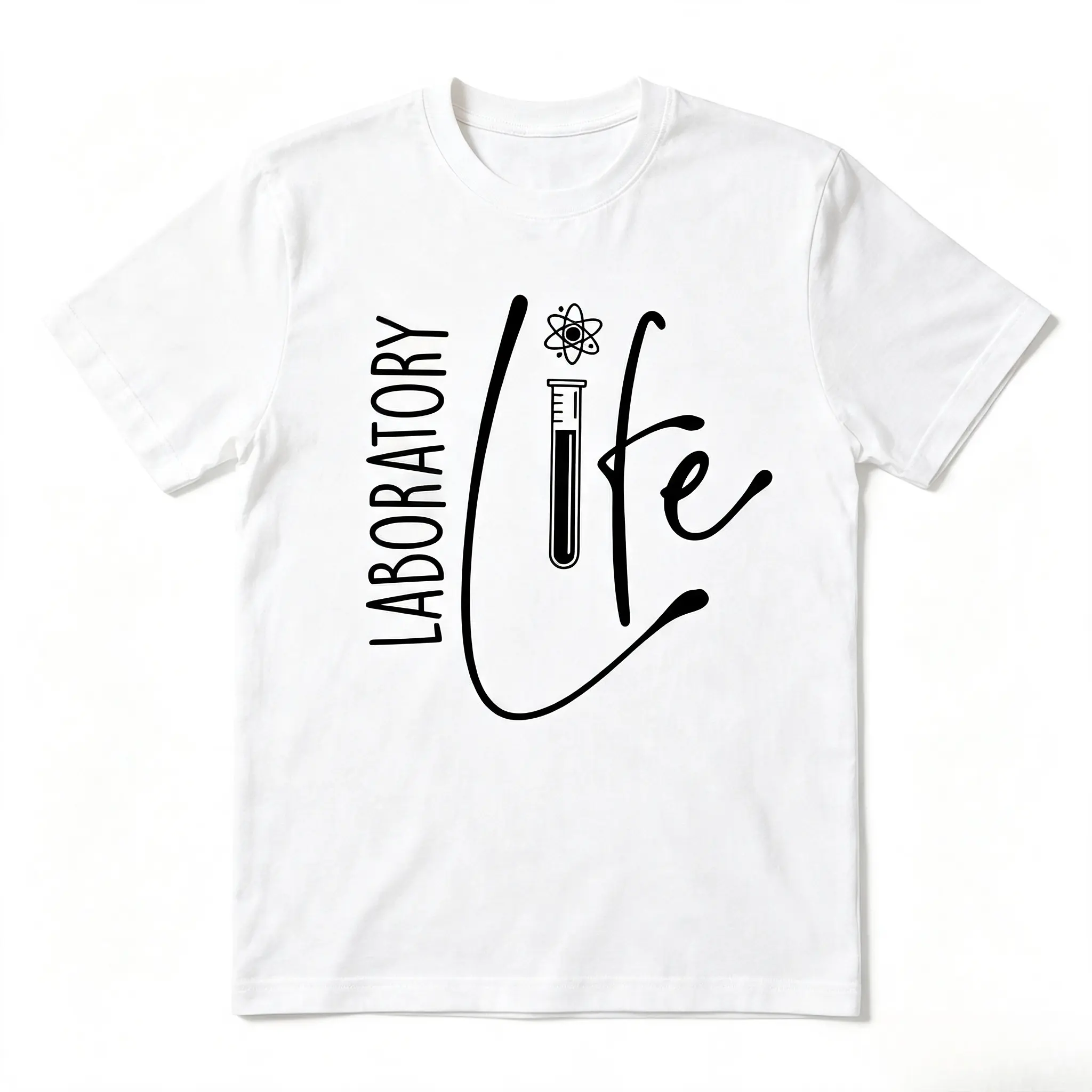 Laboratory Life Test Tube Atom Science Graphic Cotton T-Shirt, Oversized Comfort Cute Fashion Casual Outfit, Ideal Valentine's Day Holiday Gift For Lab Workers Science Nerds Him Her