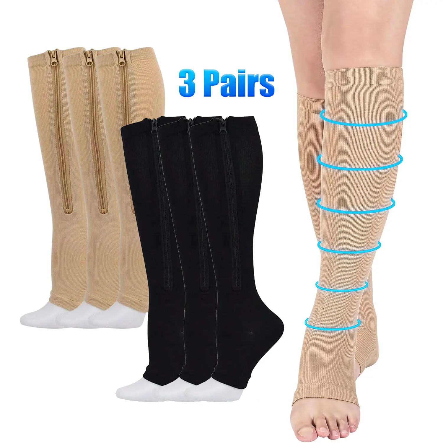 15-20 mmHg Gradient Compression Socks for Women & Men - 3 Pairs Knee-High Open Toe Socks, Reduce Lower Leg Pressure, Relieve Discomfort for Hiking, Pregnancy (Summer Use)