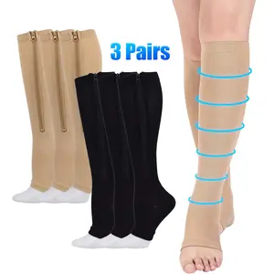 Zipper Compression Socks Women & Men - 3Pairs Calf Knee High 15-20mmHg Open Toe Compression Stocking suit for Walking