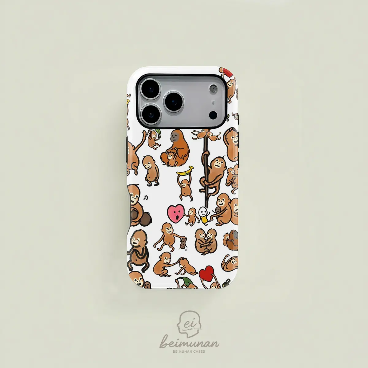 Brown cartoon cute monkey and banana patchwork phone case, sturdy and durable 2-in-1 protective case, MagSafe compatible, suitable for iPhone 17/16/15/14/13/12/11 Pro Max/Plus/Pro, simple and stylish phone case, perfect for holiday gifts.