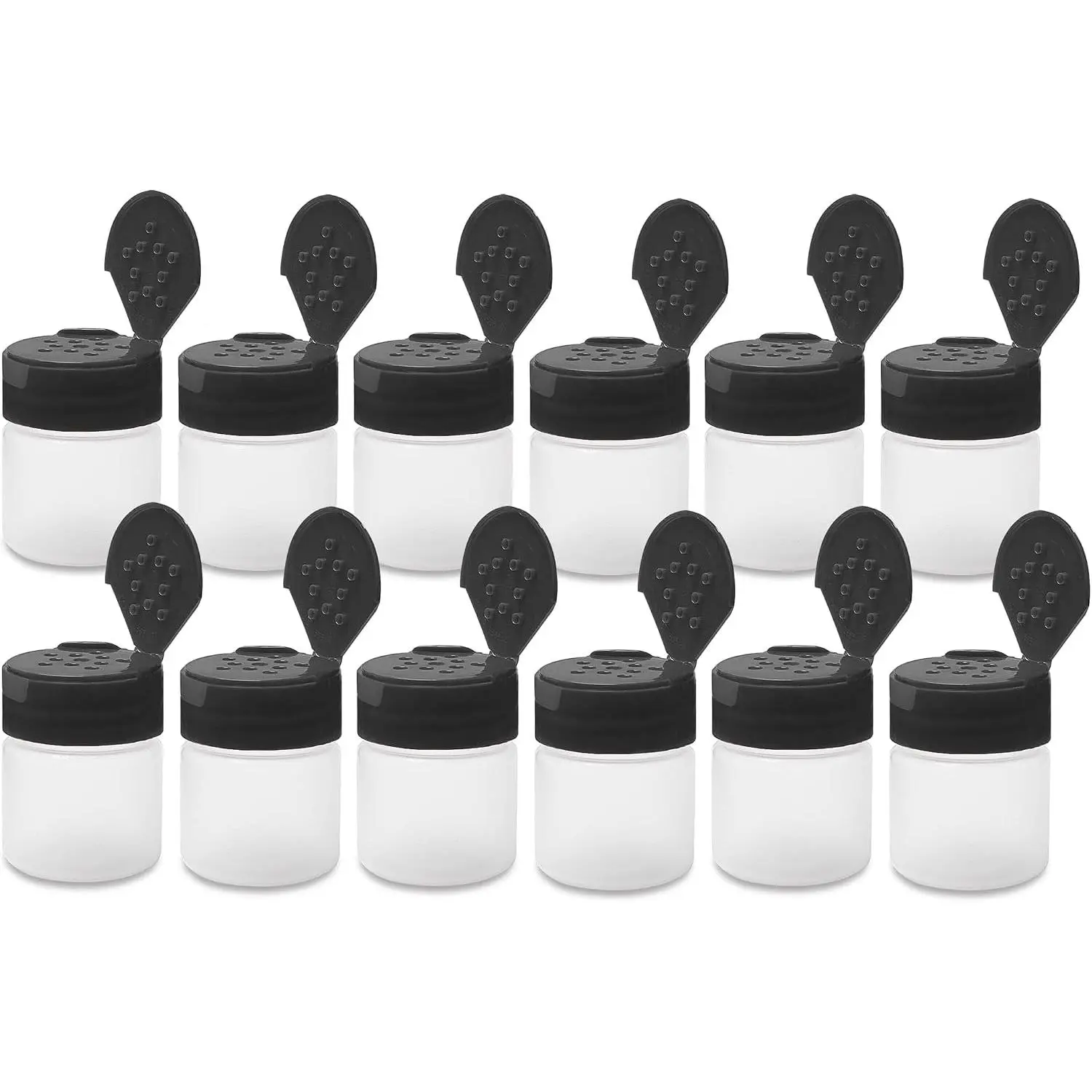 1 oz Lightweight Plastic Seasoning Containers Set - 12 Empty Spice Bottles with Holes, Black Flip-Sift Lids, Bisphenol A (BPA)-Free, Sustainable, Made in USA for Kitchen Use