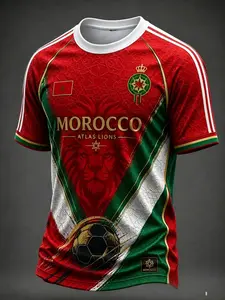 Morocco 2026 Summer Soccer Jersey, Short Football Jerseys, Round Neck Short Sleeve, 3D Print, Men's Casual Sport T-Shirt, Breathable, Loose Fit
