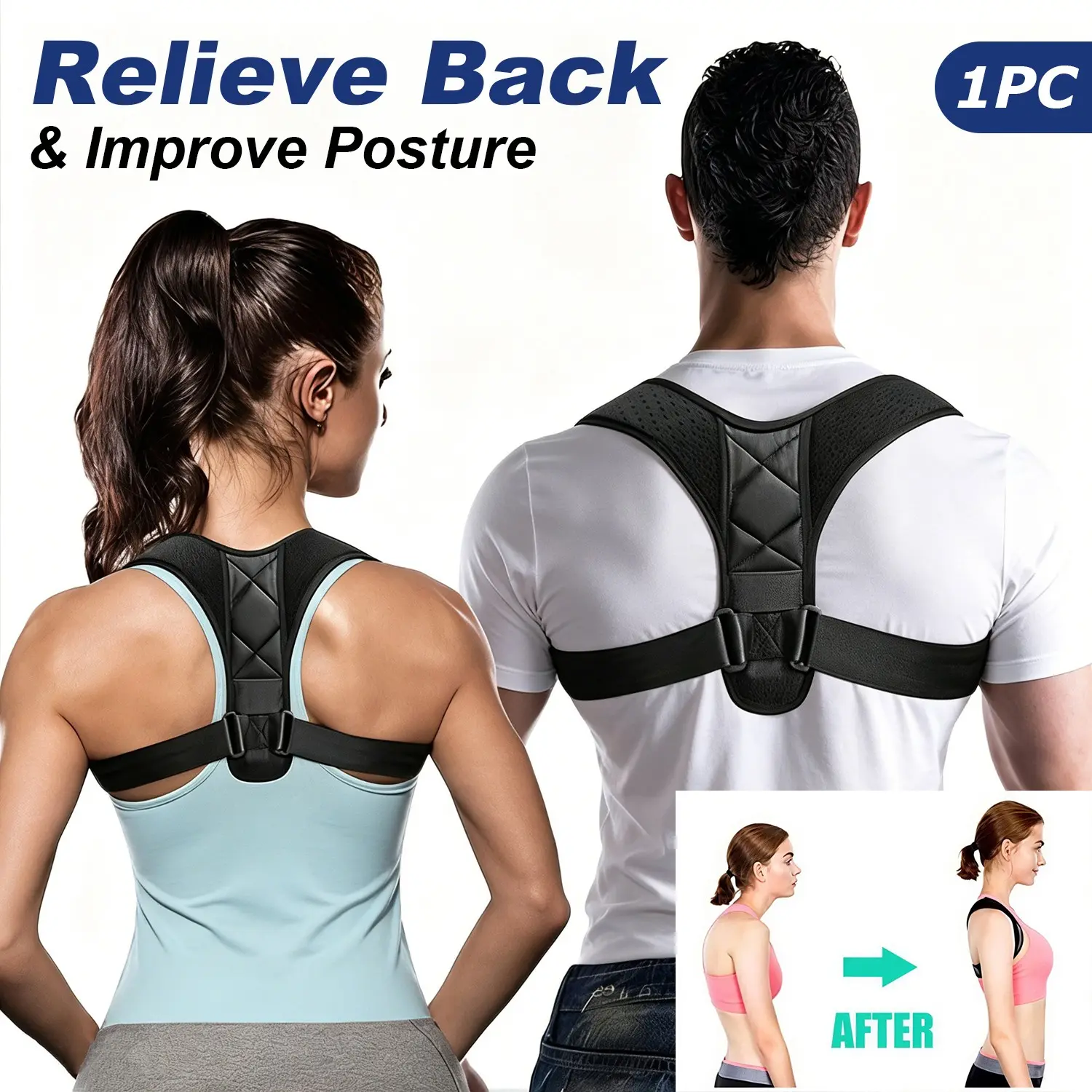 1PC Adjustable Posture Corrector Back Brace for Men & Women, Upper Back Shoulder Straightener, Clavicle Spine Support for Neck & Shoulder Relief, Breathable Brace to Fix Slouching & Rounded Shoulders, Back Alignment Aid