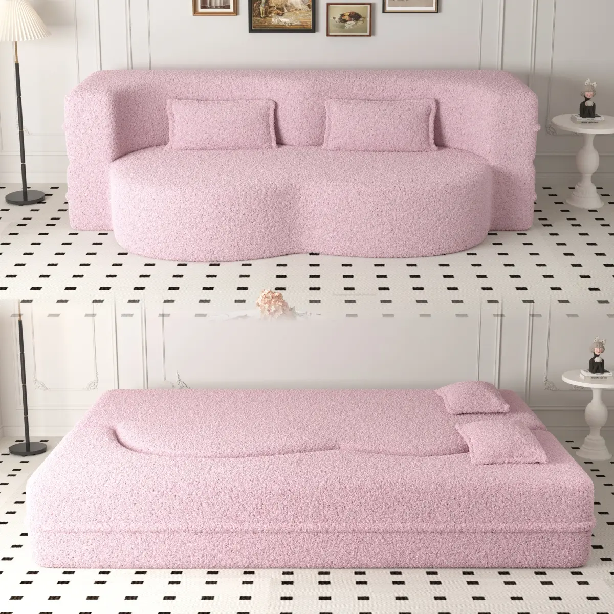 Pink Full‑Size Folding Sofa Bed,78*45*30 Inch Sherpa Fleece Foam Floor Couch,300 LBS Per‑Seat Weight Capacity,2 Included Pillows Vacuum‑Packed No Assembly Required Space‑Sleeper for Apartment Dorm RV Home Office