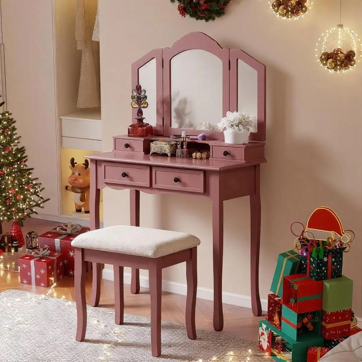 [Fahuac] Luxury Glam Rose Gold Makeup Vanity Table Set with 3-Panel Beveled Edge Adjustable Mirror, Stool, 4 Drawers, Ample Tabletop, Vanity Organization, French Country Decor Bedroom Indoor Furniture Cabinet