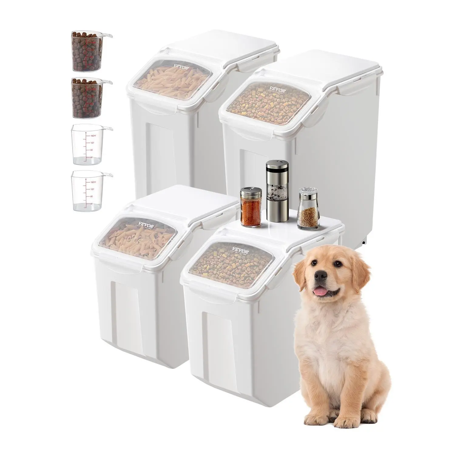 【DealsForYouDays】Multi-Size Airtight Storage Bins (3.5Gal/15Lx2, 4.5Gal/20Lx2) - Large Bins for Rice, Kitchen Grains, Cereal, Pet Food, Dog Food Dispenser with Wheels, 4 Measuring Cups, 4-Pack