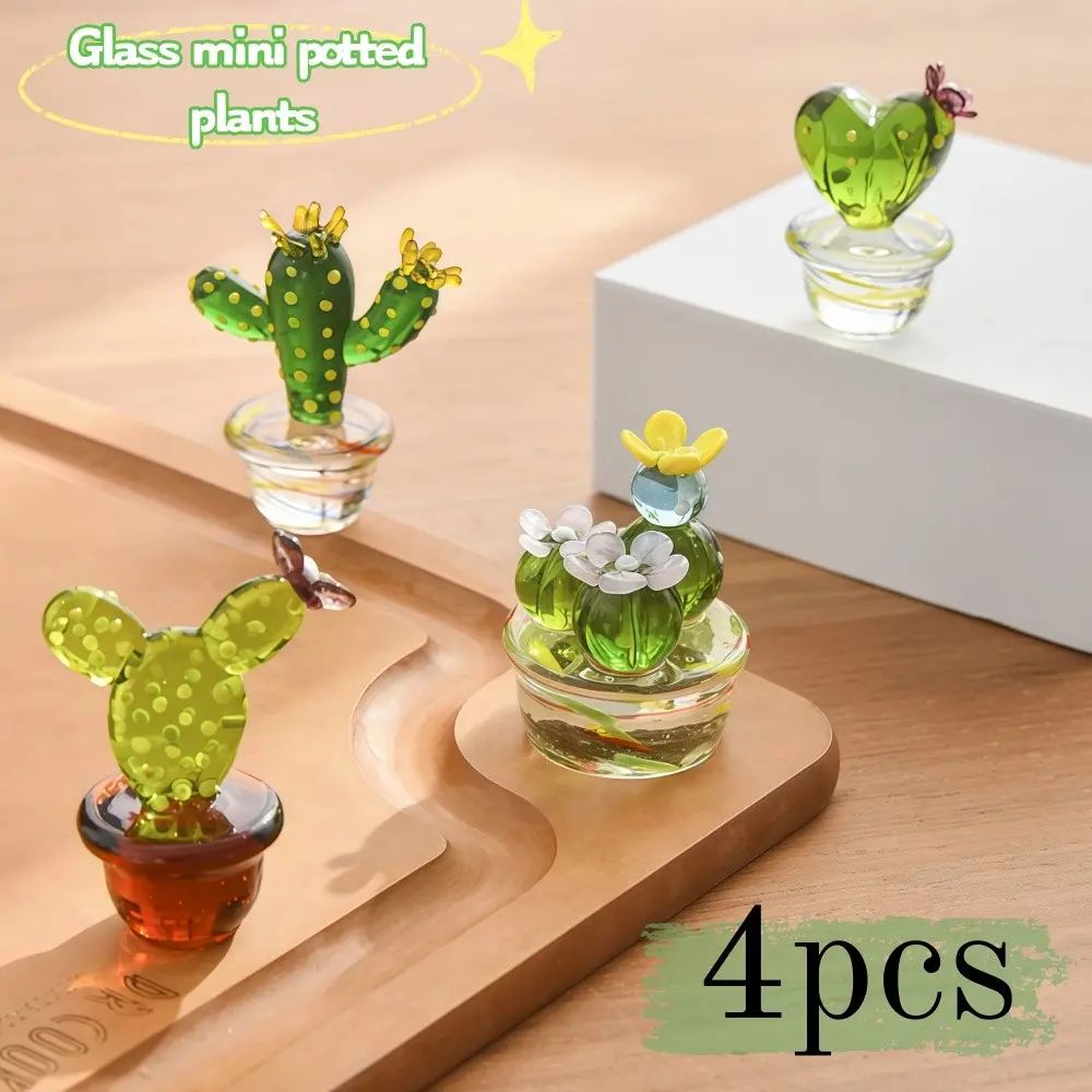 4Pcs Mini Cactus Art Glass Blown Handmade Glass Figurines Collectibles Table Home Decoration Simulation Plants