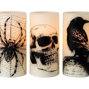 Set of 3 Battery-Operated LED Candles Featuring Creepy Skull, Spider Web, and Crow Raven Designs for a Spooky Halloween Ambiance