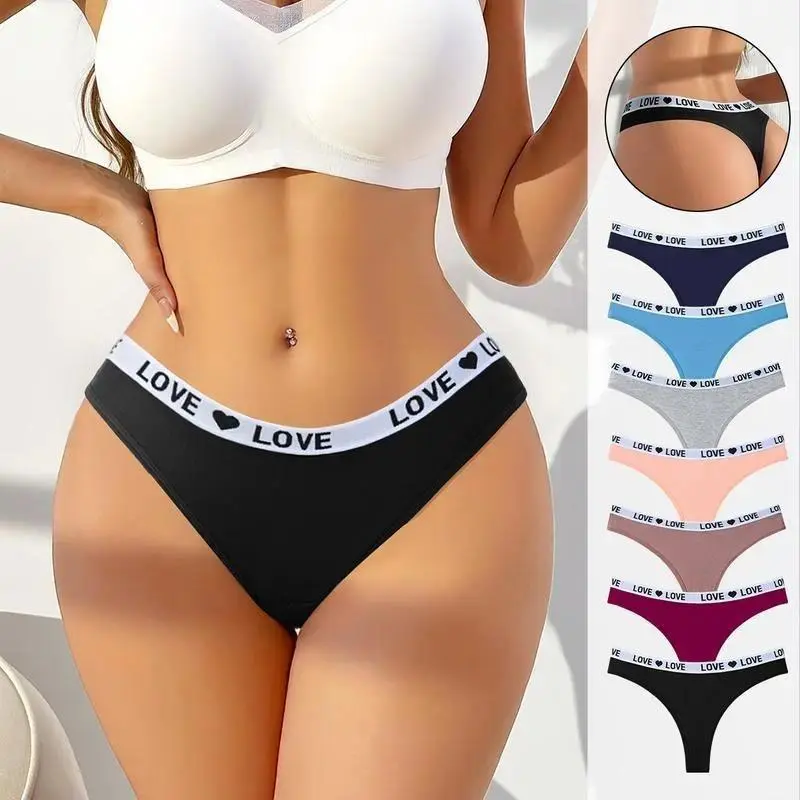 Women's 7-Pack Mixed Color Low-Rise Thong Cotton Underwear - Premium Cotton-Spandex Fabric, Cute Heart Band (Love-Decorated), Double Layer, Soft Breathable Stretchy for Daily Cozy Wear, Panties, Machine Wash