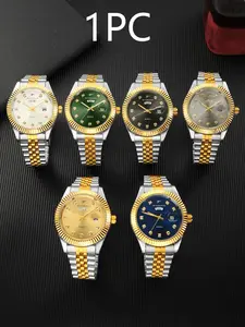 RICECGO Men's Luxury Elegant Round Dial Stainless Steel Strap Rhinestone Quartz Watch Casual Trendy Wristwatch with A Box, Dual Date Display, Suitable for Any Occasion Analog Watches