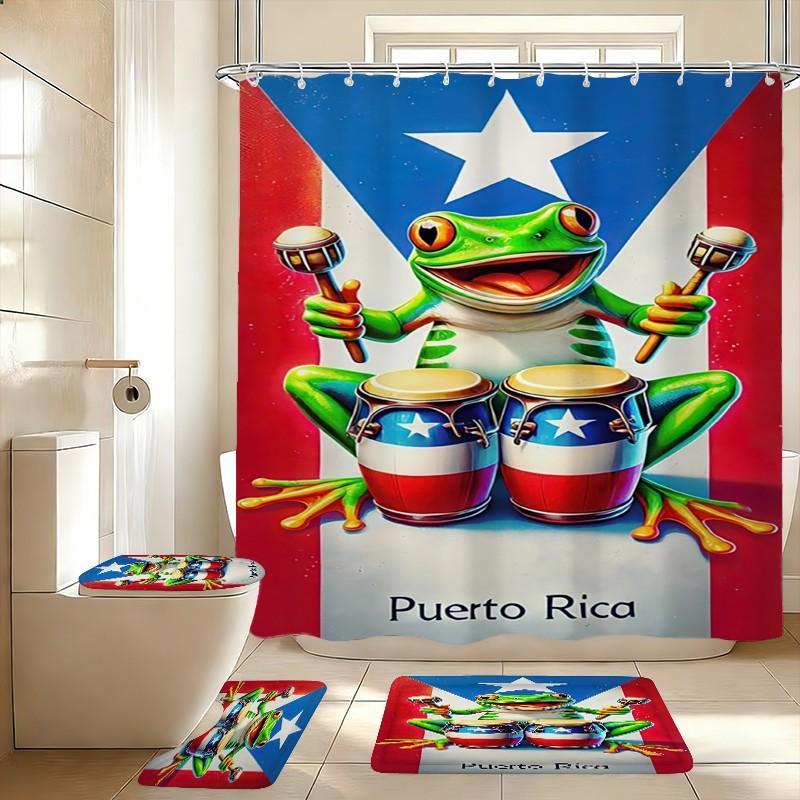 Puerto Rican Theme Cartoon Tree Frog Shower Curtain Set, Polyester Fabric, Fog-Resistant, Modern Home Decor, Includes Bathroom Mats