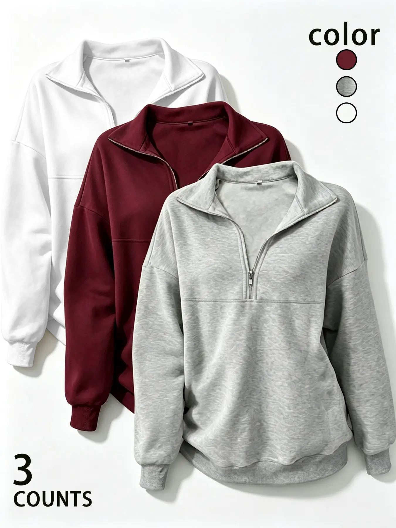 【Black Friday】3-Pack Fall Winter Comfortable Long Sleeve Sweatshirts, Casual Zipper Half-Zip Sweatshirt, Loose-Fit Round Neck Pullover for Daily Wear