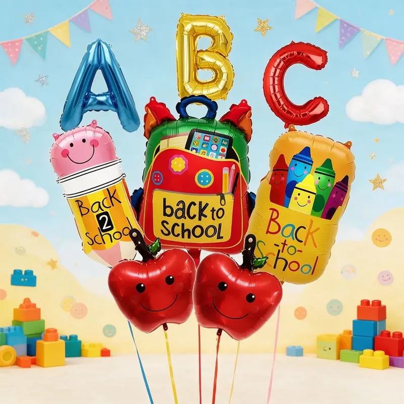 10-Piece Back-To-School Aluminum Foil Balloon Set, Apple, Backpack, Crayon Box, Pencil Balloons, Abc Letter Balloons, Perfect for first day of school welcome decorations，Opening Ceremony，Classroom Welcome Corner，Stationery Store Display。