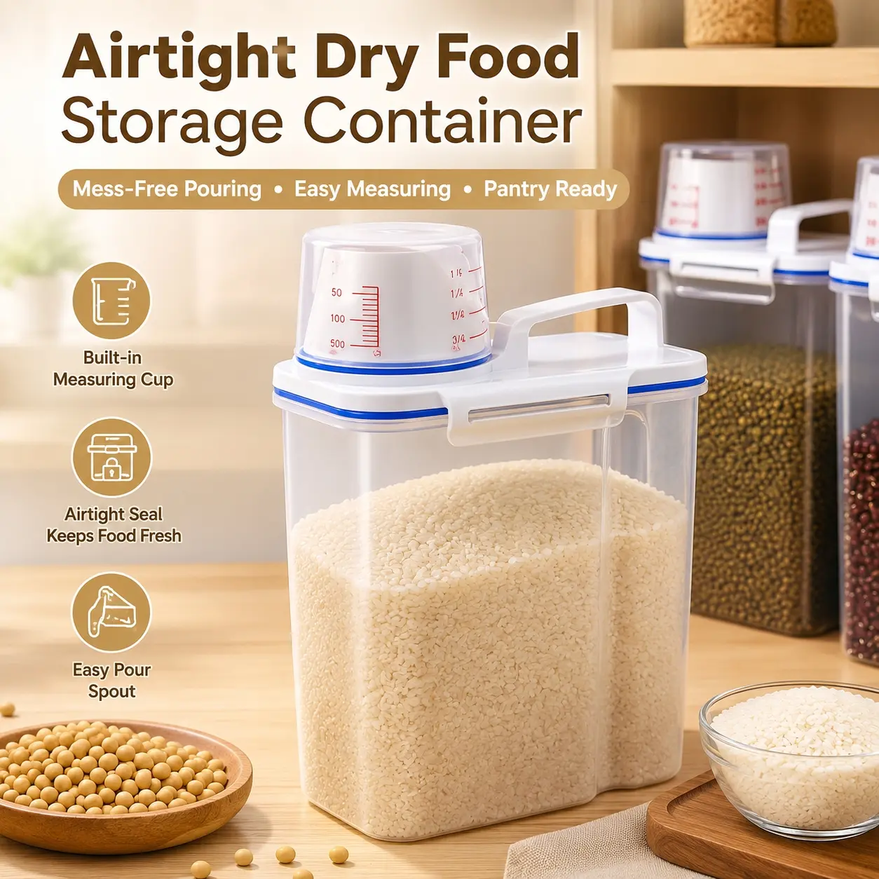 Airtight Dry Food Storage Container, Large Capacity Grain Rice Dispenser with Measuring Cup and Easy Pour Spout, Pantry Ready Food Organizer for Rice, Cereal, Beans, Flour, Pet Food and Kitchen Storage, Food Containers