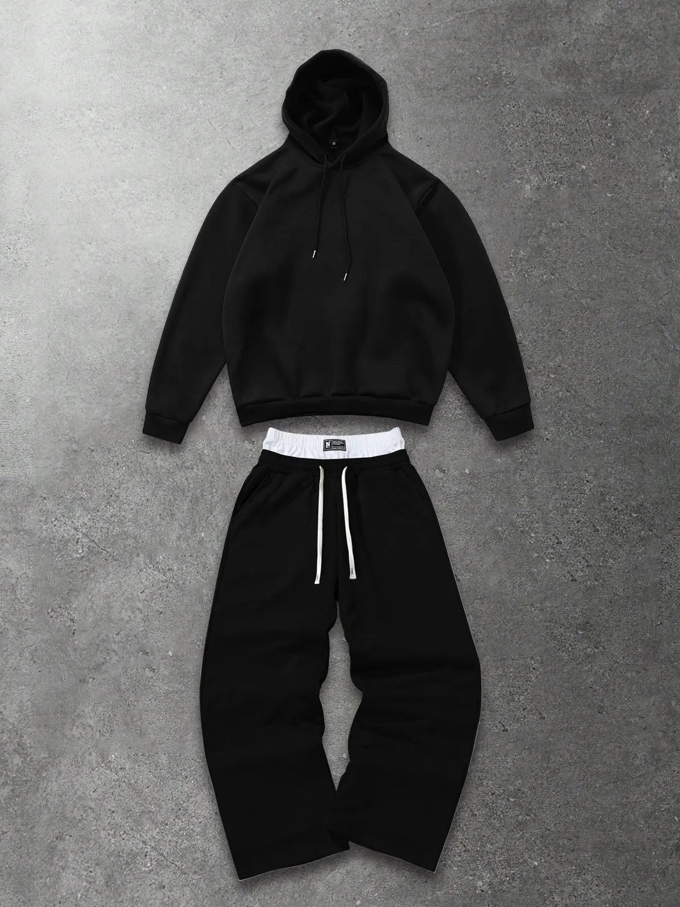 Minimalist Solid White Drawstring Hoodie & Double Waistband Black Jogger Pants 2 Piece Matching Tracksuit Set Lightweight Breathable Soft Wrinkle Free Athleisure Outfit Daily Loungewear School Travel Lazy Day Streetwear OOTD Basic Plain Casual Loungewear