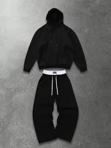 Minimalist Solid White Drawstring Hoodie & Double Waistband Black Jogger Pants 2 Piece Matching Tracksuit Set Lightweight Breathable Soft Wrinkle Free Athleisure Outfit Daily Loungewear School Travel Lazy Day Streetwear OOTD Basic Plain Casual Loungewear