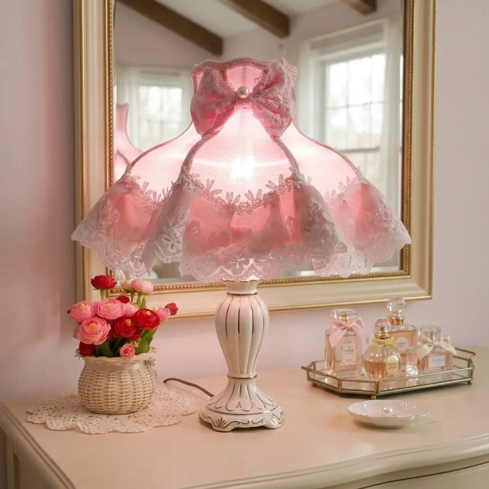 French Vintage Lace Lampshade, Sweet Princess Style Bow, Elegant Flower Pearl Fringe, Bedroom Bedside Table Lamp Fabric Replacement Cover, Romantic Atmosphere