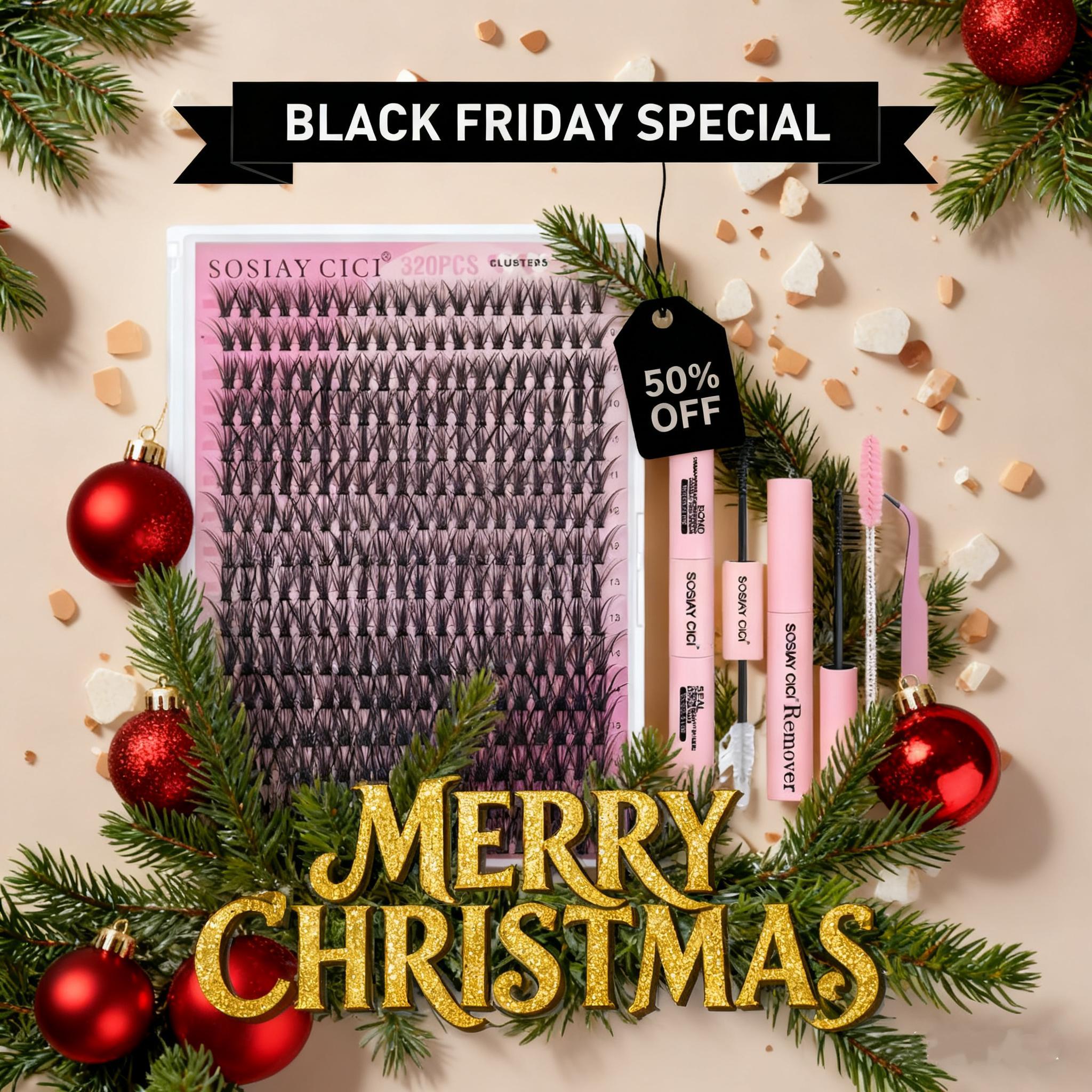 Black Friday Lash Kit, SOSIAY CICI 320PCS 40D Lash Clusters, DIY Lash Extension Set with Full Tools for Christmas