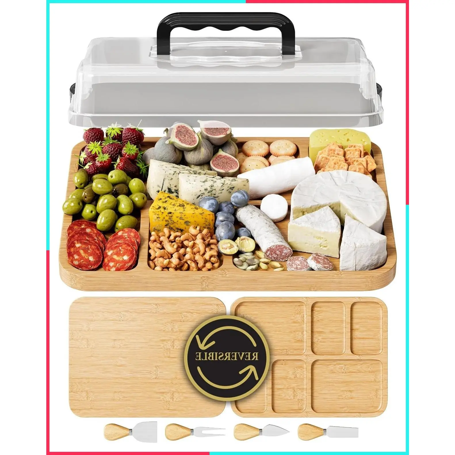 Reversible 2-in-1 Charcuterie Board with Lid - Portable Travel Cheese Board for Picnics & Entertaining - Large Covered Snack Tray & Food Platter - Housewarming Gift Idea