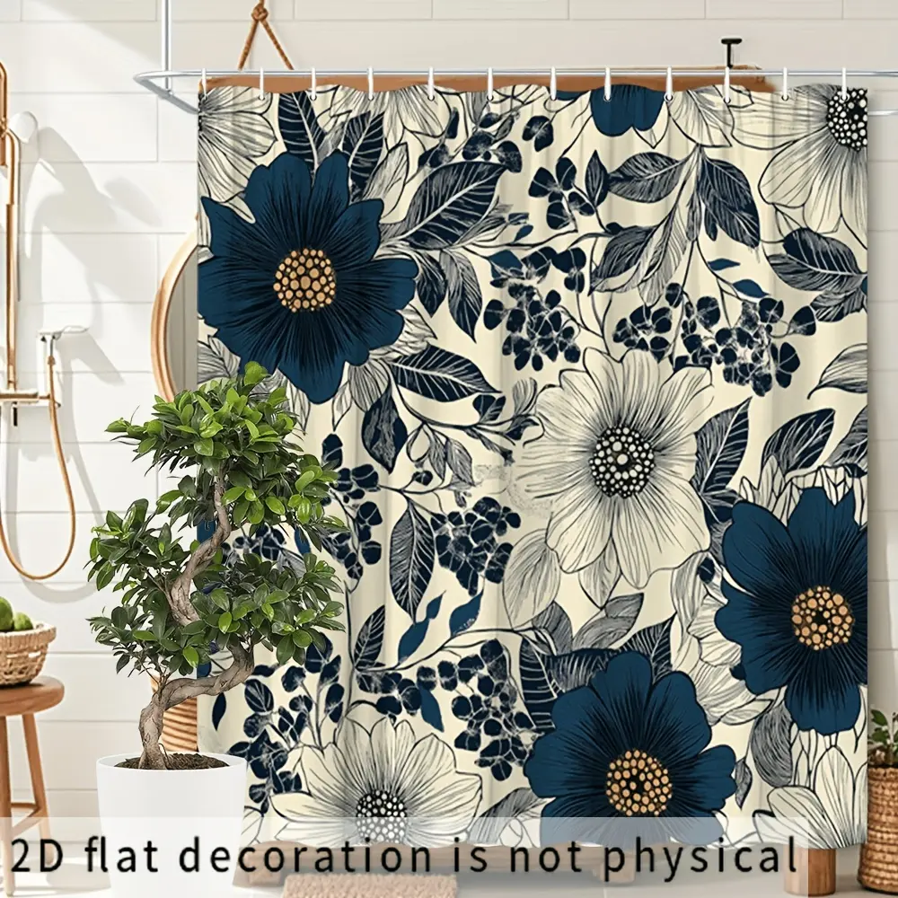 2D flat shower curtain/shower curtain 1 piece, floral shower curtain, Flower shower curtain, vintage style bathroom decoration, polyester fiber home decoration, suitable for bathroom, with 12 hooks, Shower Curtain Boho