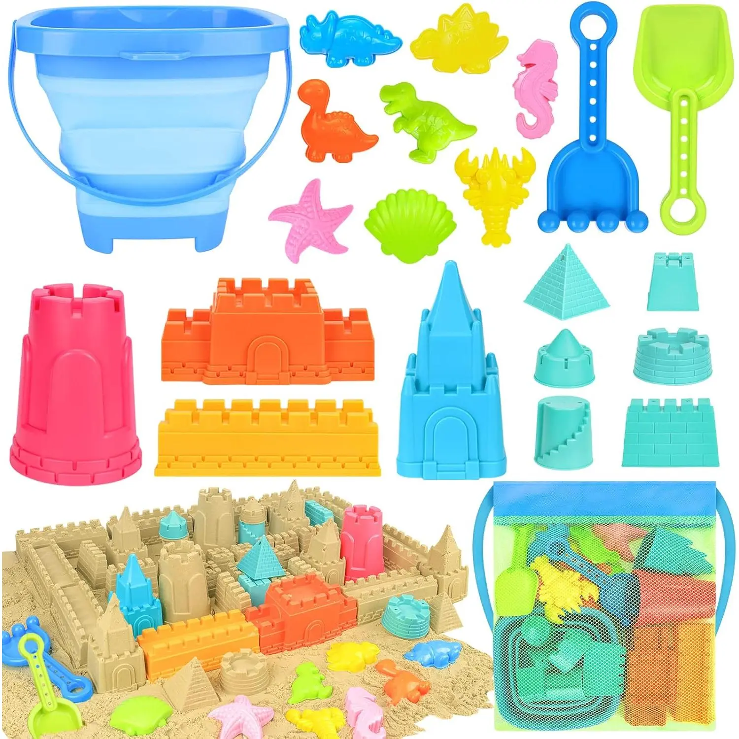 Kids' Popup Sand & Beach Toys Set (Ages 3-10) - Collapsible Bucket, Shovels, Mesh Bag - Sandbox, Travel Essential for Beach Days with Kids Outdoor Play Castle Dinosaur