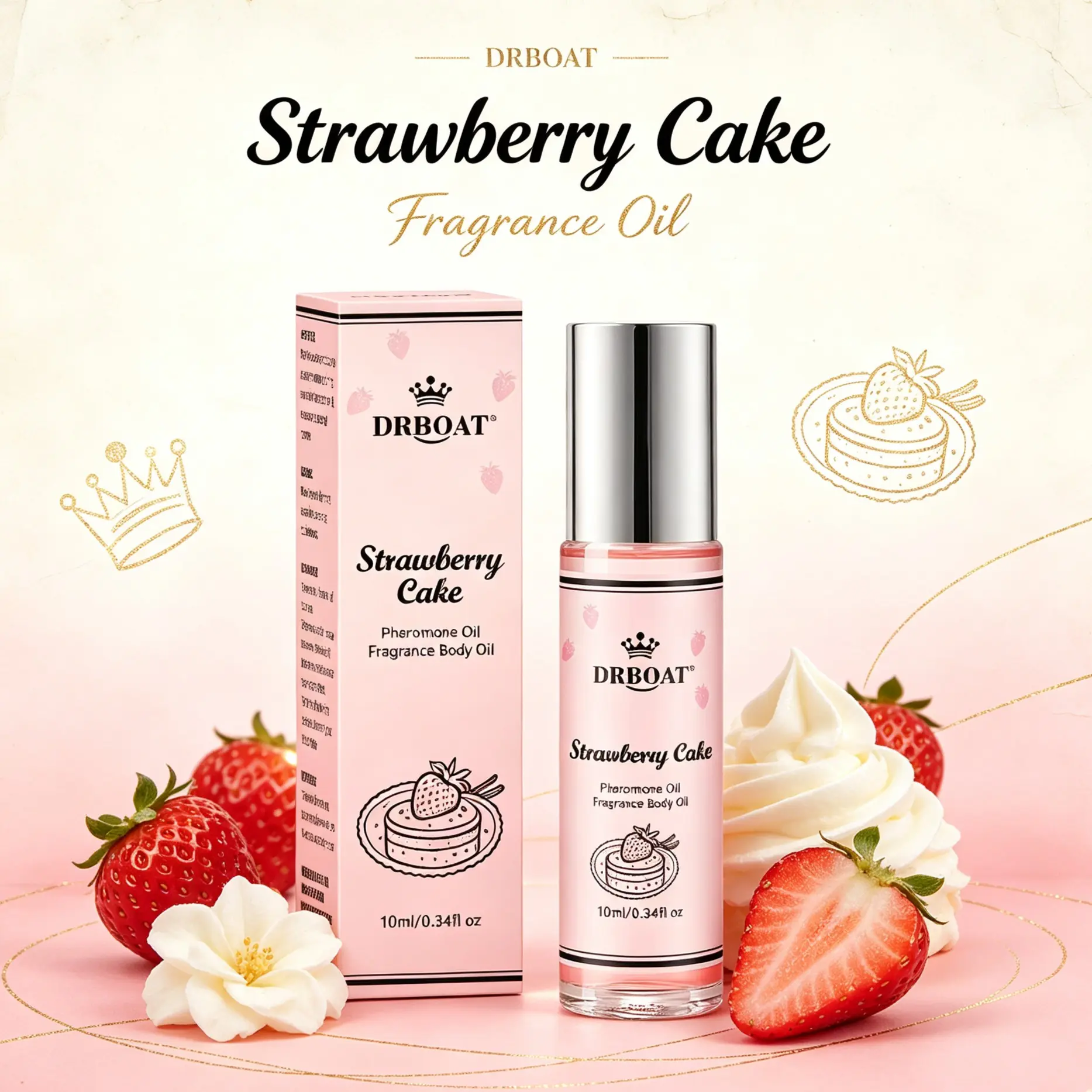 Strawberry Cake Pheromone Oil - 10ml Long Lasting Dating Roll On Subtle Perfume Oil, Original Sweet Strawberry Eau de Toilette, delightful fragrance, Dating Fragrance Oil Traveling or Home Bathroom Use, Fruity Cake Perfume