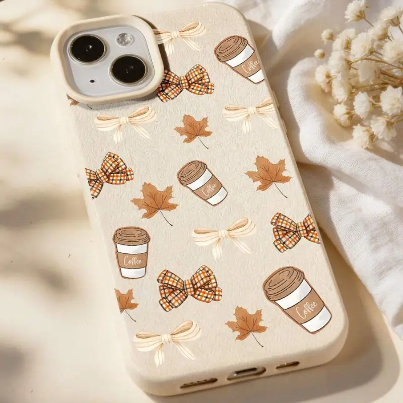 Autumn Coffee Bow Phone Case Plaid Maple Leaf Cozy Fall Cottagecore Design Coffee Lover Gift for iPhone 17 16 15 14 13 12 11 X Plus Pro Max