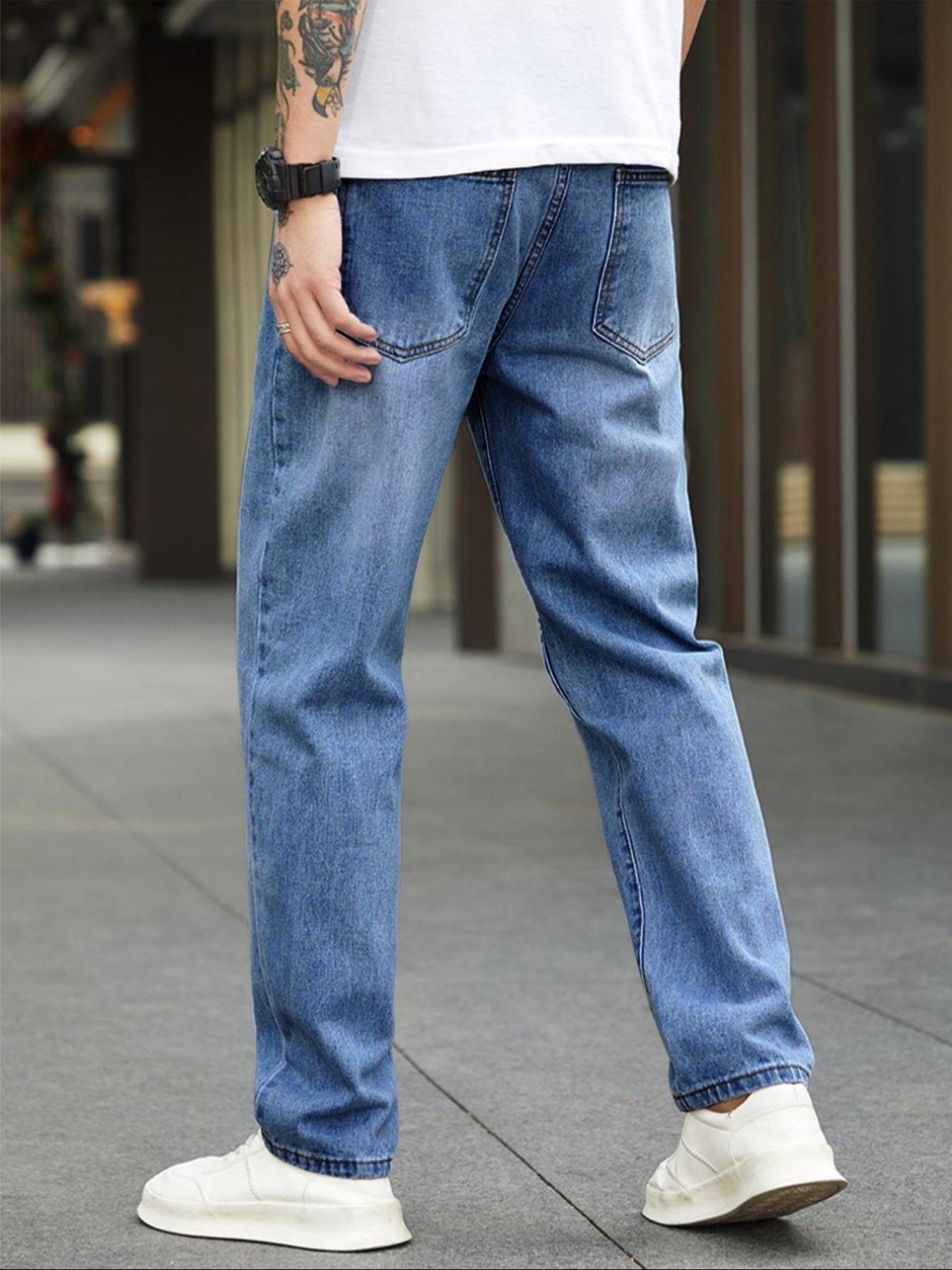 Men's Solid Color Wash Denim Jeans, Casual Comfy Straight Leg Jeans for Daily Wear, Woven Bottoms for All Seasons