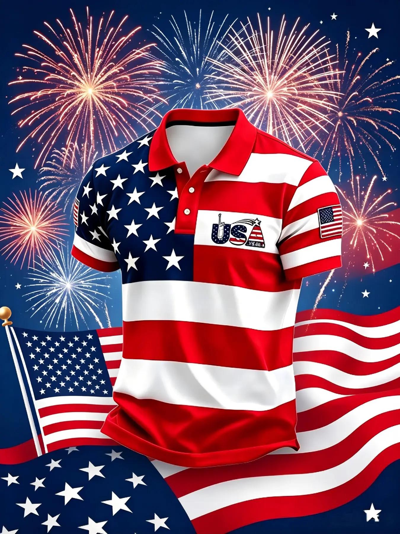 Men's Patriotique Flag Short Sleeve Golf Shirt, Slim-Fit Casual Polo, Collared Golf Polo, All-Over Print Design, Limited Edition Holiday Drop, Golf Top