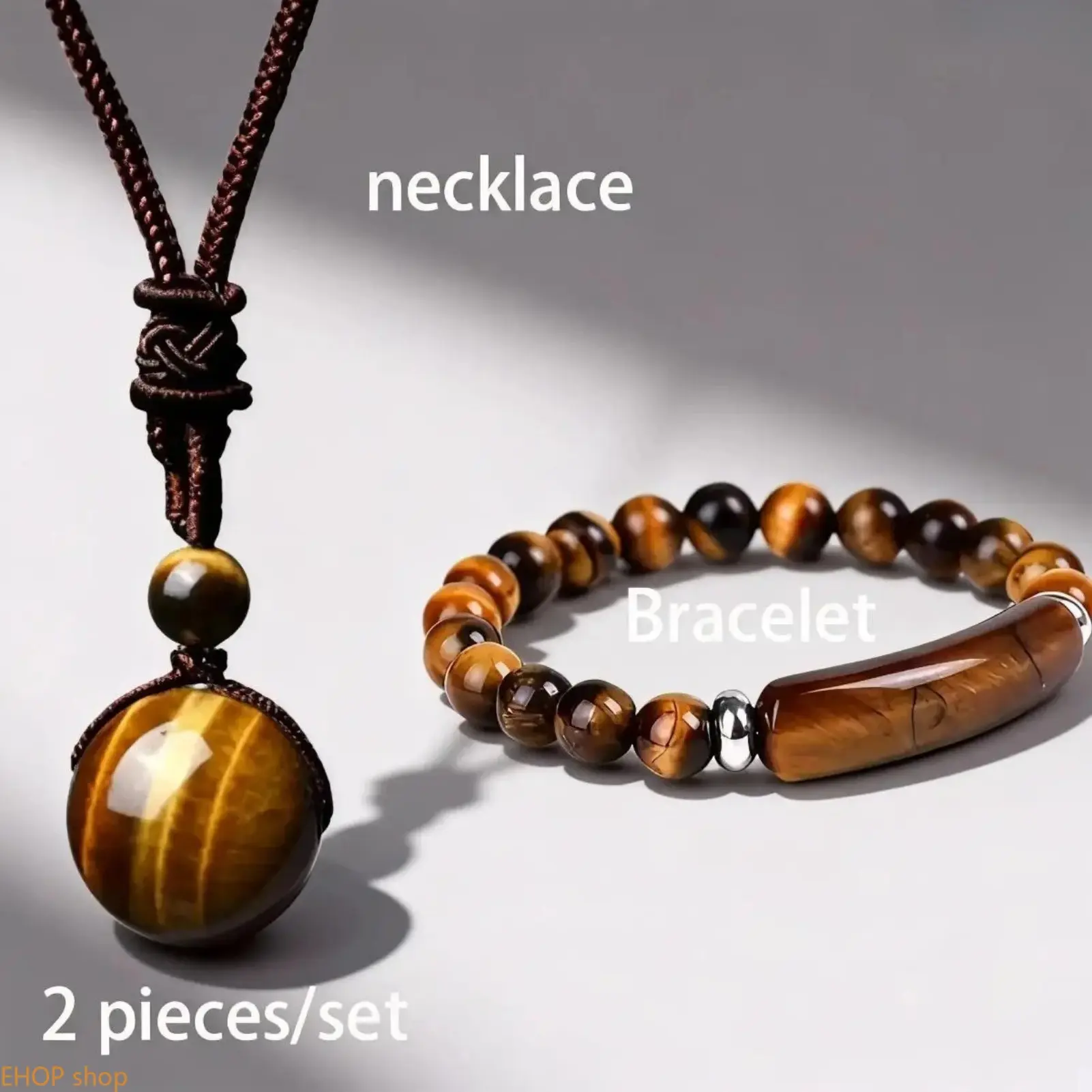 2-Piece Tigers Eye Stone Jewelry Set Adjustable Braided Rope Necklace Bracelet Boho Natural Stone Styling Accessory Meaningful Matching Ornament For Couple Daily Halloween Holiday Gift Present