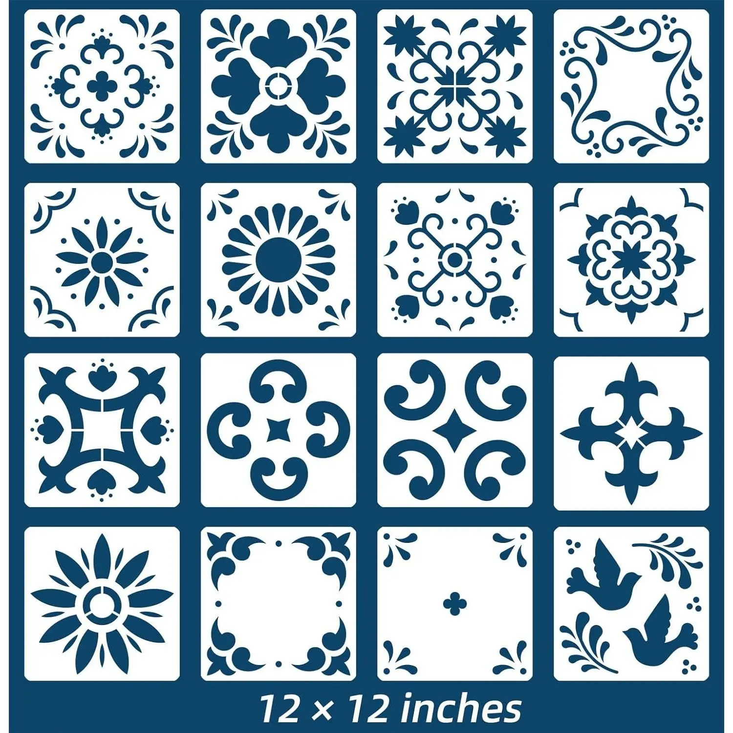 16 Pack 12X12 Inch Tile Stencil Set, Mexican Pattern Reusable Stencils for Painting Floor Wall Furniture Canvas, DIY Mexican Talavera Home Décor