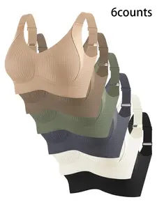 Women's Wireless Lift Everyday Bra Set, Wide Shoulder Strap Simple Design, All-Season Comfort No Steel Cup, Pack of 6, Casual Style