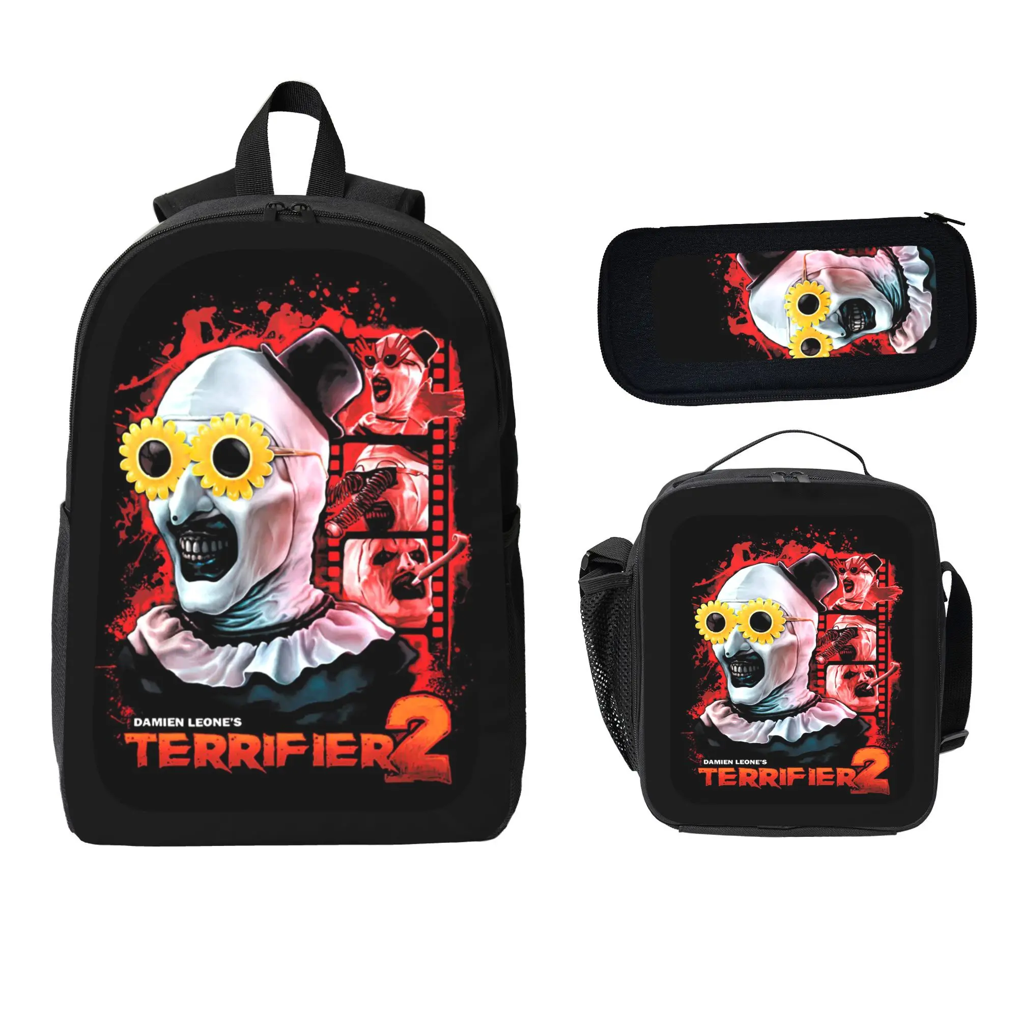 Terrifier Art the Clown 3‑Piece Backpack Set Retro Horror Film Poster Graphic with Sunflower Clown & Creepy Grin Portrait Art Print Backpack Lunch Bag Pencil Pouch  Perfect Back to School Gift for Horror Fans