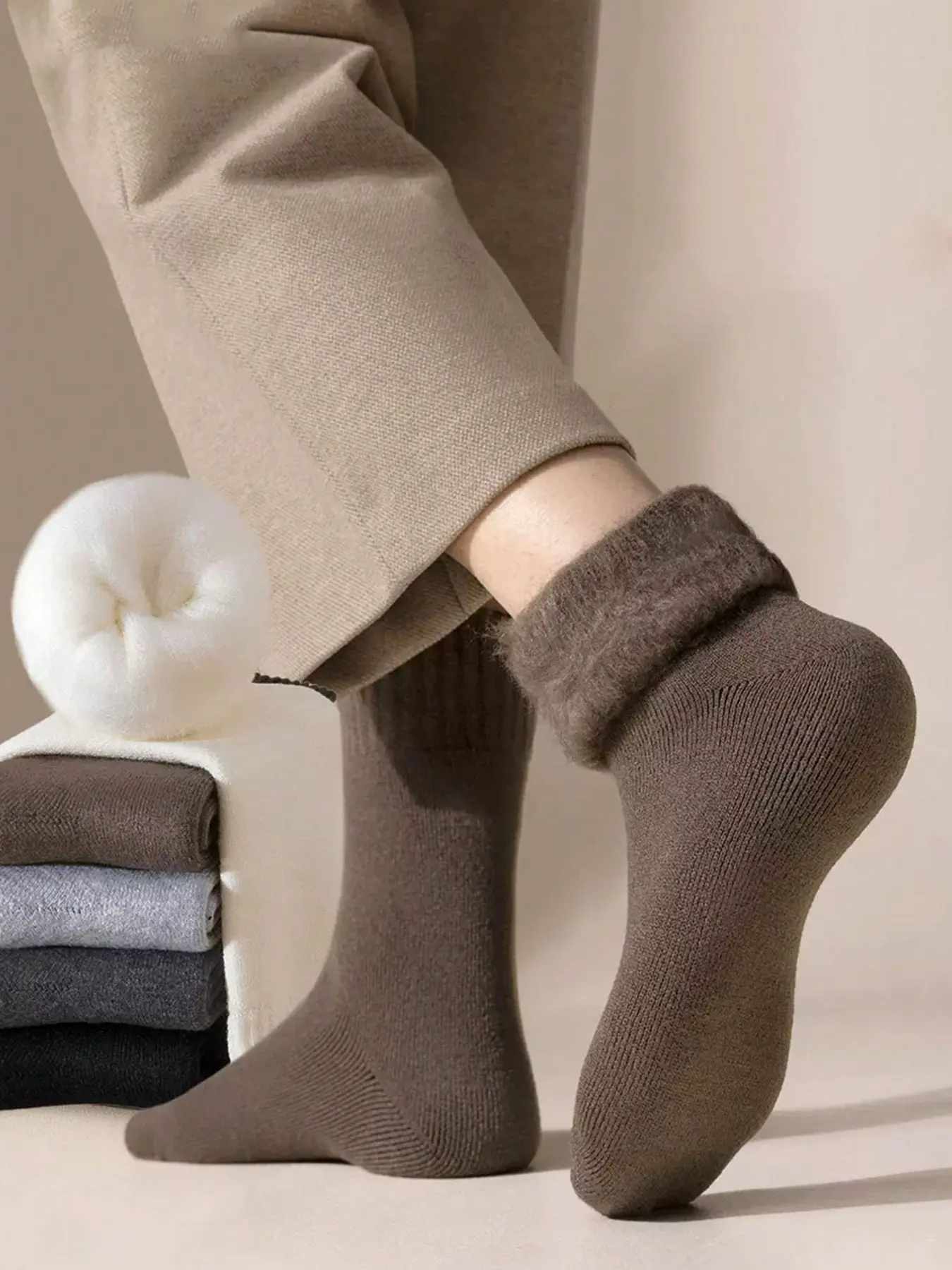 3 Pairs Men's Fuzzy Socks, Winter Warm Thick Hiking Boots Socks, Soft Comfortable Long Socks, Solid Color Socks, Cold Weather
