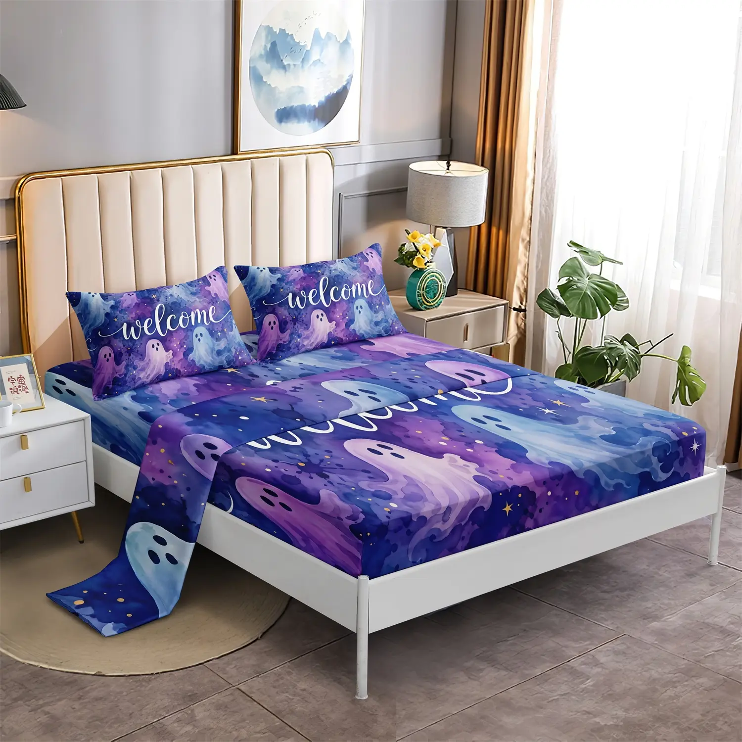 4‑Pieces Watercolor Ghost Halloween Bedding Sheet Set, Purple Blue Galaxy Welcome Print Fitted Sheet & Flat Sheet with 2 Pillowcases, Soft Polyester Bed Sheets, Breathable Durable Sheets for Bedroom Dorm Halloween Home Decoration