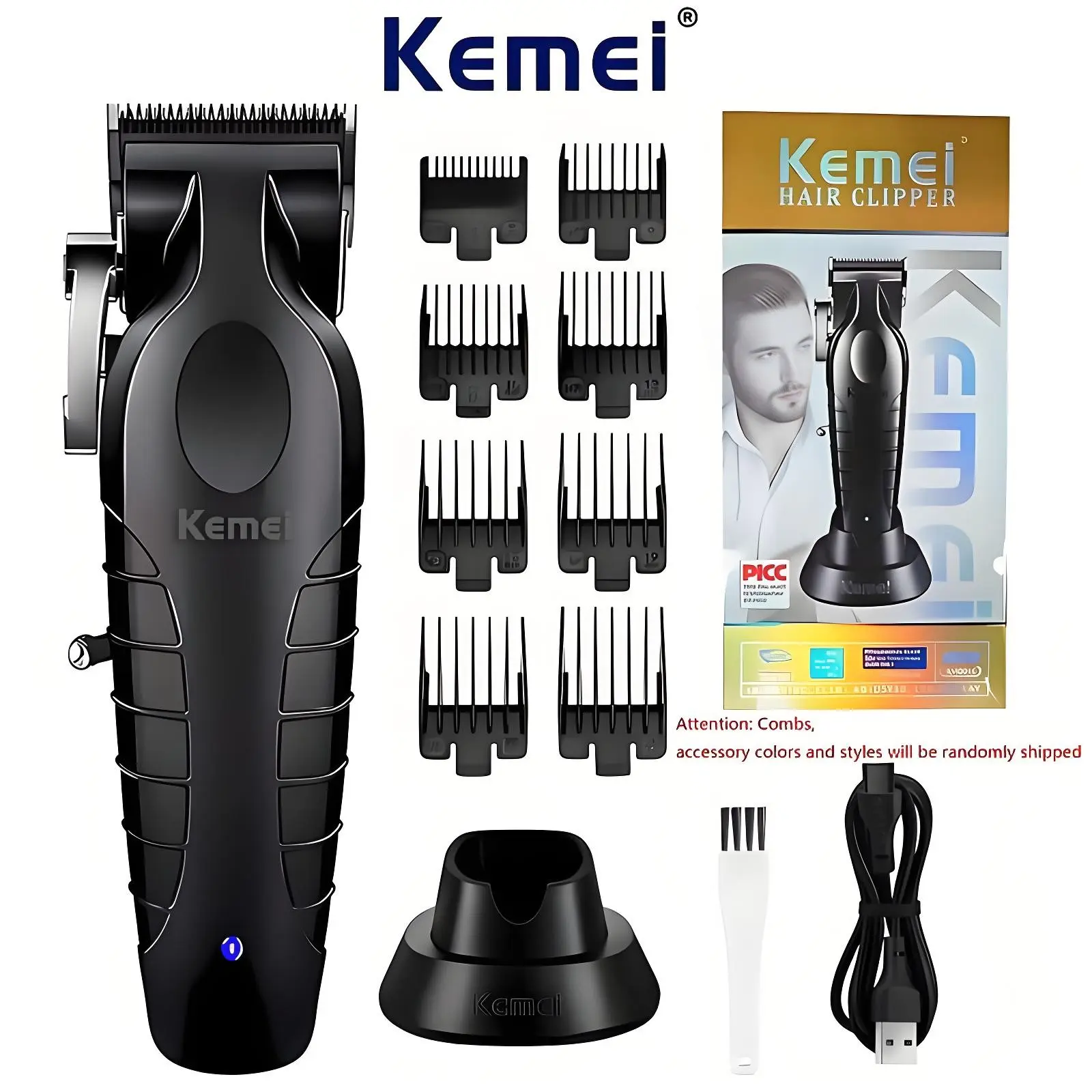 Kemei Professional Salon Hair Clipper, 1 Box USB Rechargeable Hair Trimmer & Accessories, Hair & Beard Trimmer for Men, Great for Styling and Beauty, Cordless Rechargeable Clipper, Wireless Clippers