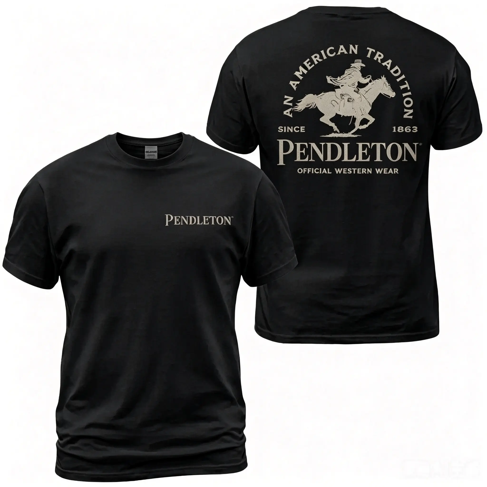Pendleton American Tradition T-Shirt, Official Western Wear Graphic Tee With Cowboy Horse Rider Back Print, Front Chest Pendleton Logo Shirt, Ranch Rodeo Apparel Gift for Men and Women