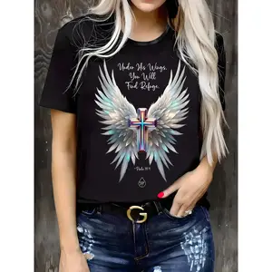 Plus Size Women'S Casual T-Shirt with Inspirational Cross & Angel Wings Graphic - Round Neck, Short Sleeve, Slightly Stretch Knit Fabric, Comfortable All-Season Top for Casual Attire, Ladies T Shirts